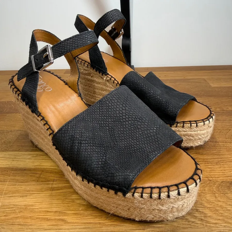 FRANCO SARTO Women’s 8.5 Takara Sandals Espadrille Wedge Heels Black Leather