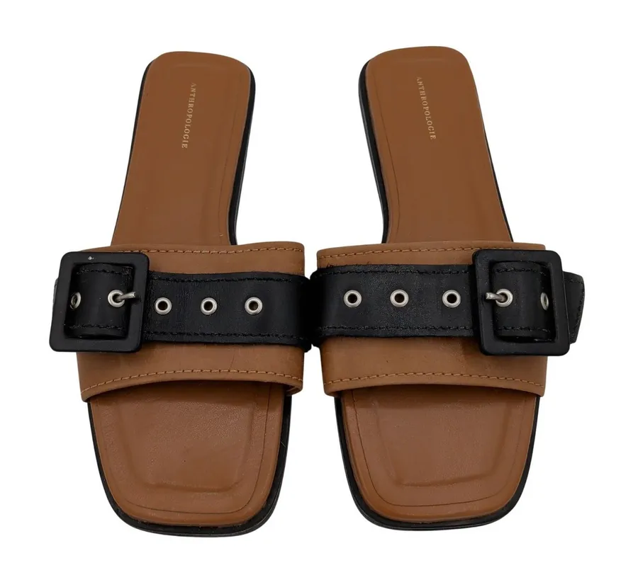 Anthropologie Women Tan Black Leather Buckle Slide Sandals Square Toe Size 37