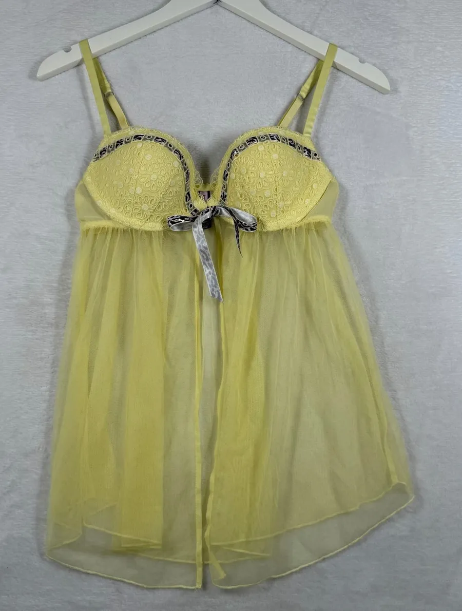 Victorias Secret Sexy Little Things Yellow Lace Leopard Babydoll Lingerie 36B