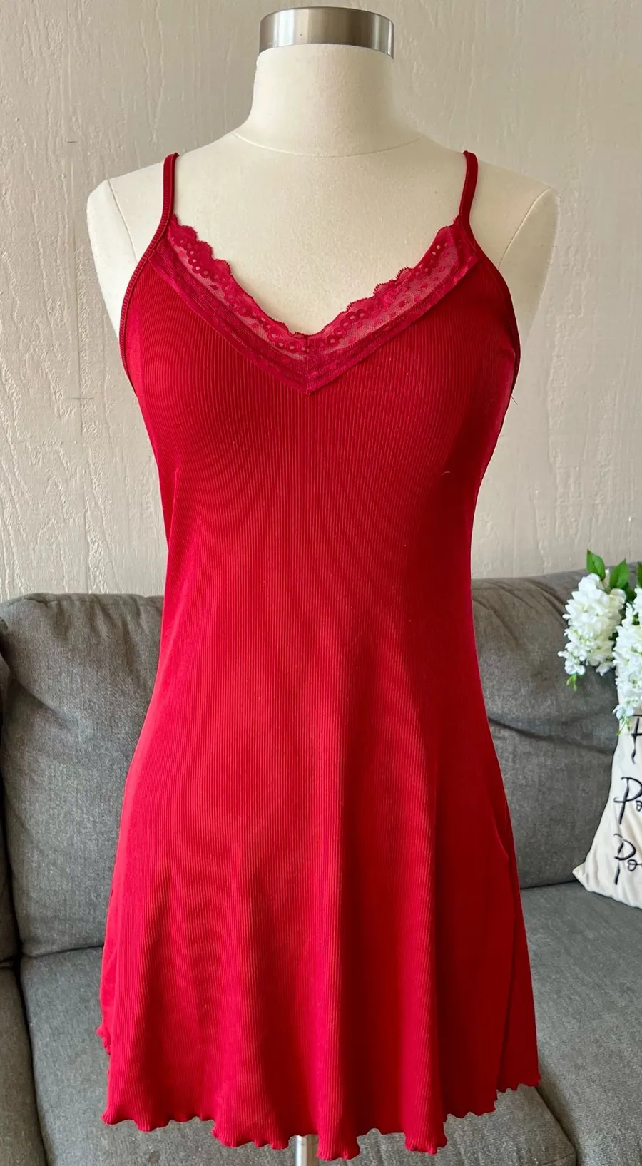 Red Lace Trim Nightgown Size XS