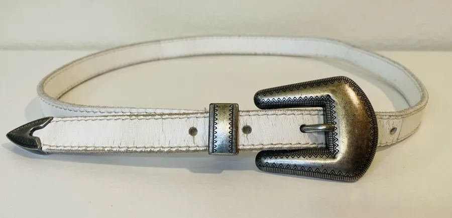 Western Urban Outfitters White Cow Leather Thin Belt with Silver Buckle Size S
