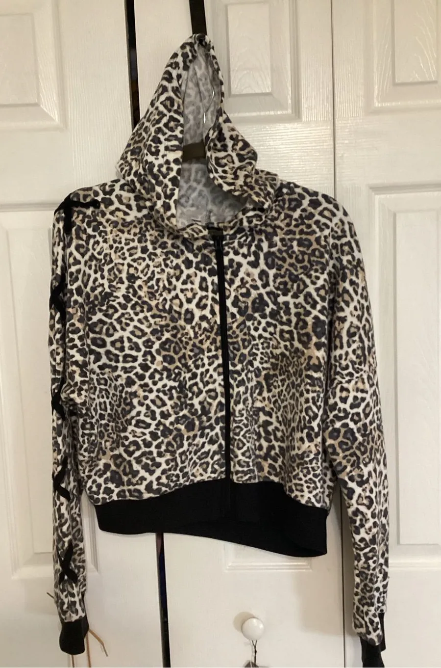 Leopard-Print Hooded Zip Bomber Jacket - Beige/Black