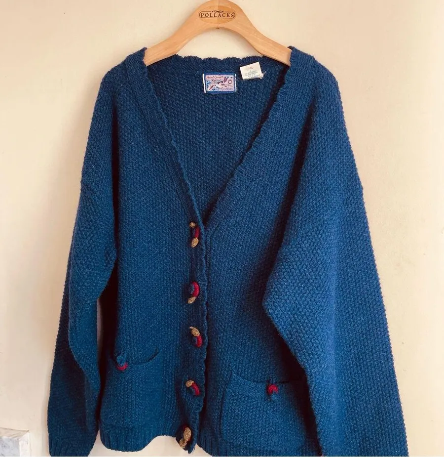 April Cornell Vintage Wool Cardigan Knit Sweater Blue Button Front sz L Size L