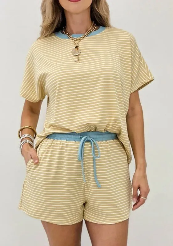 Anniewear Yellow White Stripe Lounge Small Blue Trim Pocket Shorts Matching Set