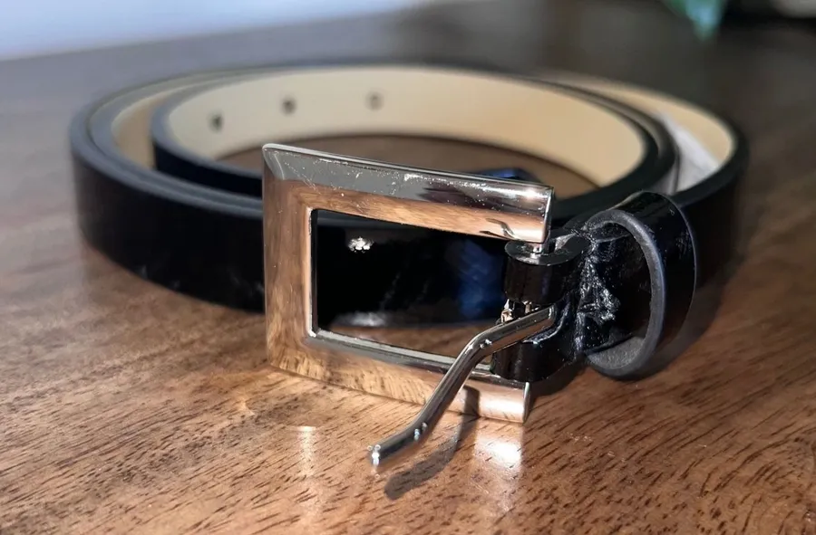 Womens Skinny Black Patent Leather Belt with Silver Square Buckle