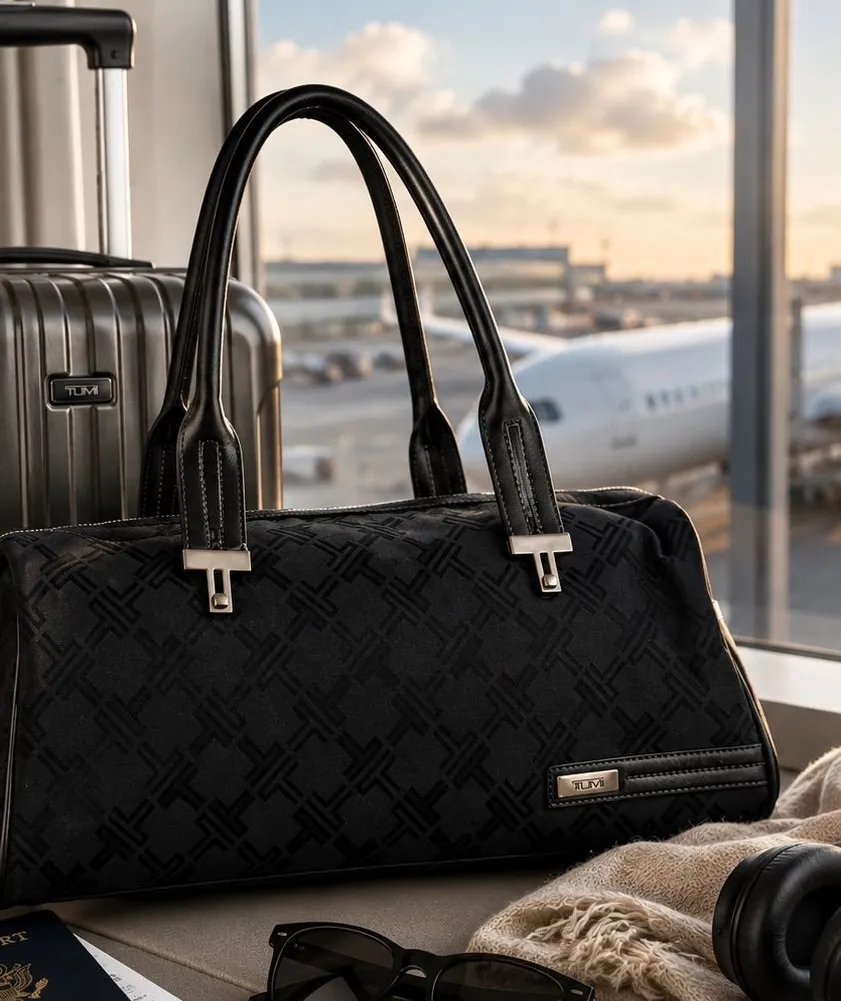 Tumi Black Jacquard Travel Satchel with Leather Trim