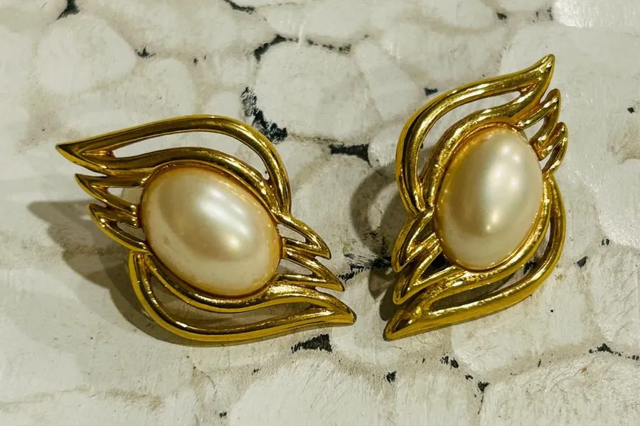 Trifari Signed Gold-Tone Pierced Earrings with Faux Ivory Pearl Centers Vintage