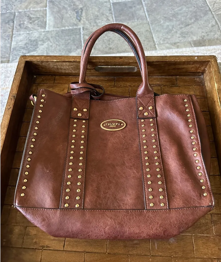 Dasein Brown Vegan Leather Studded Tote Bag Satchel with Matching Pouch Gold EUC