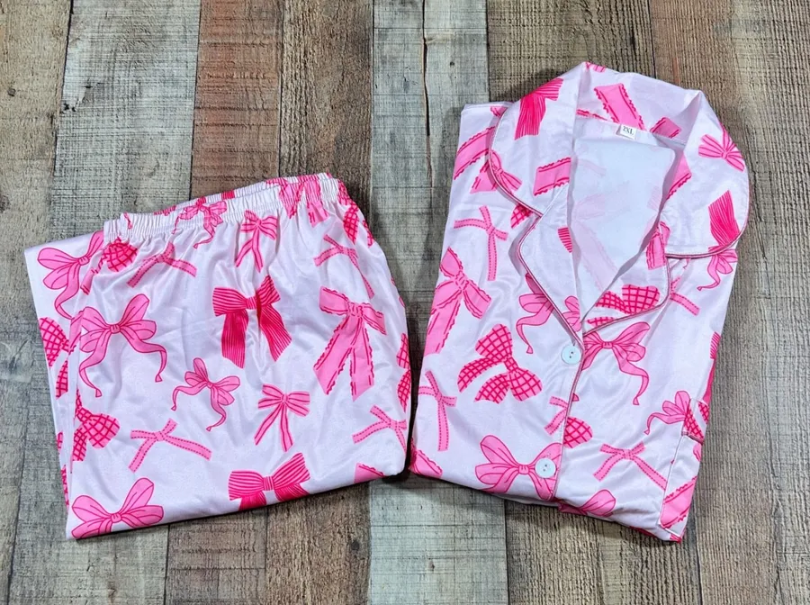 Pink Bow Print Pajama Set Top Pants Long Sleeve Coquette Feminine Plus 2X