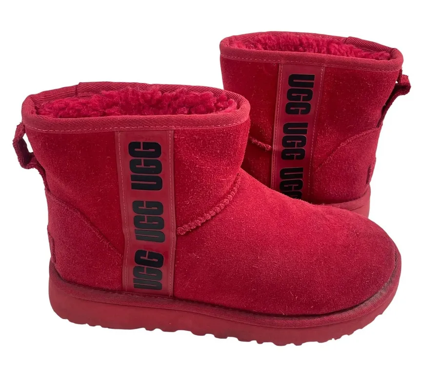 UGG Women's Classic Mini Side Logo Boots Red Suede Sheepskin Lined Size 6