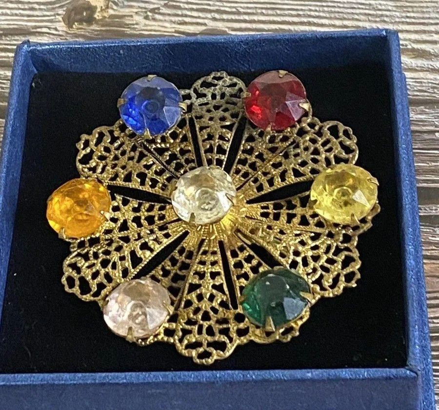 1920s Art Deco Vibrant Antique Goldtone Filigree Czech Gem Colored Glass Brooch Gold