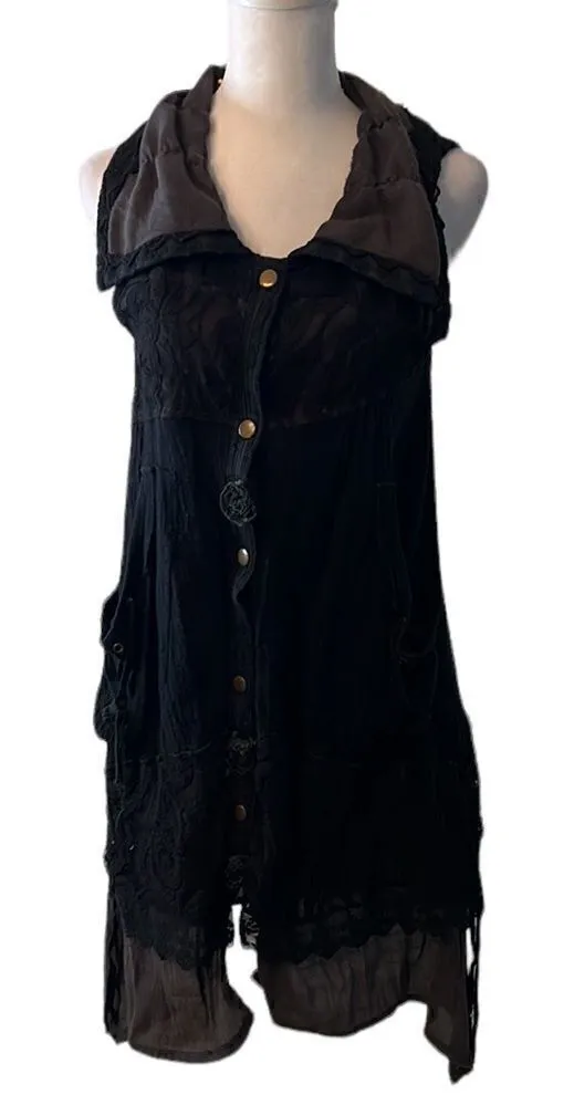 ctf international szS black&grey lace trim boho coverup w/pockets snap front GUC Black