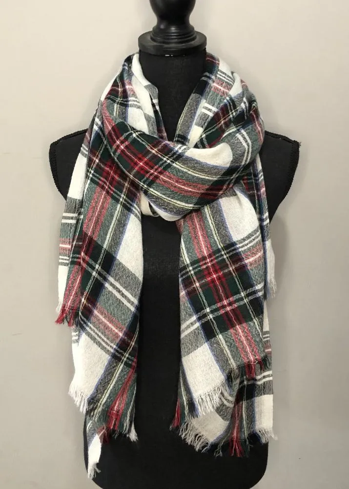 Long Scarf w/ Frayed Ends Plaid Pattern Multicolor One