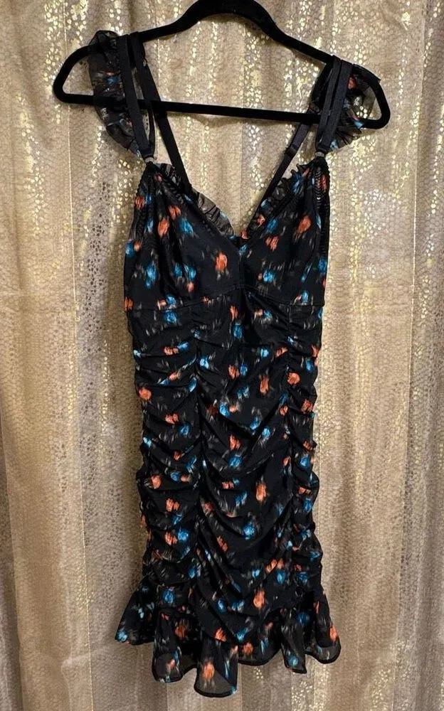 Torrid Black Ikat Floral Ruched Mesh Ruffle Lingerie Chemise 0 Medium 10