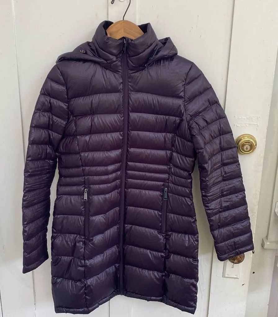 Women Andrew Marc Packable Lightweight Down Parka Small Purple Quilted Hood Long