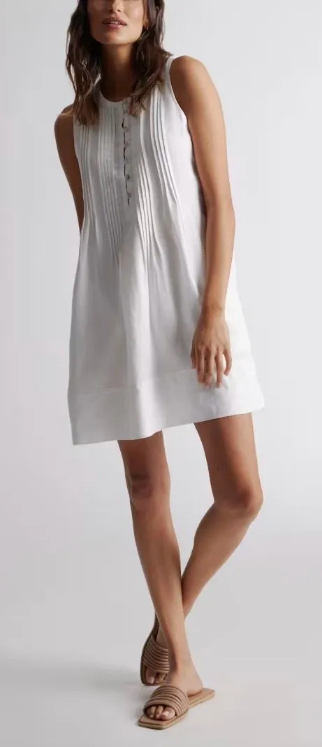 Quince 100% European Linen Sleeveless Swing Dress Pintuck Button Front XS White