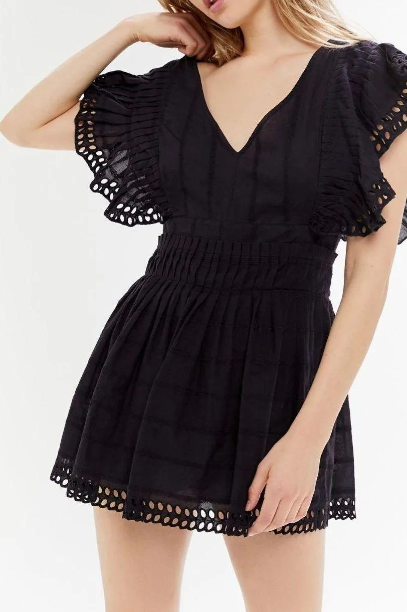 UO Cassie Embroidered Eyelet Tie-Back Romper, Size 4