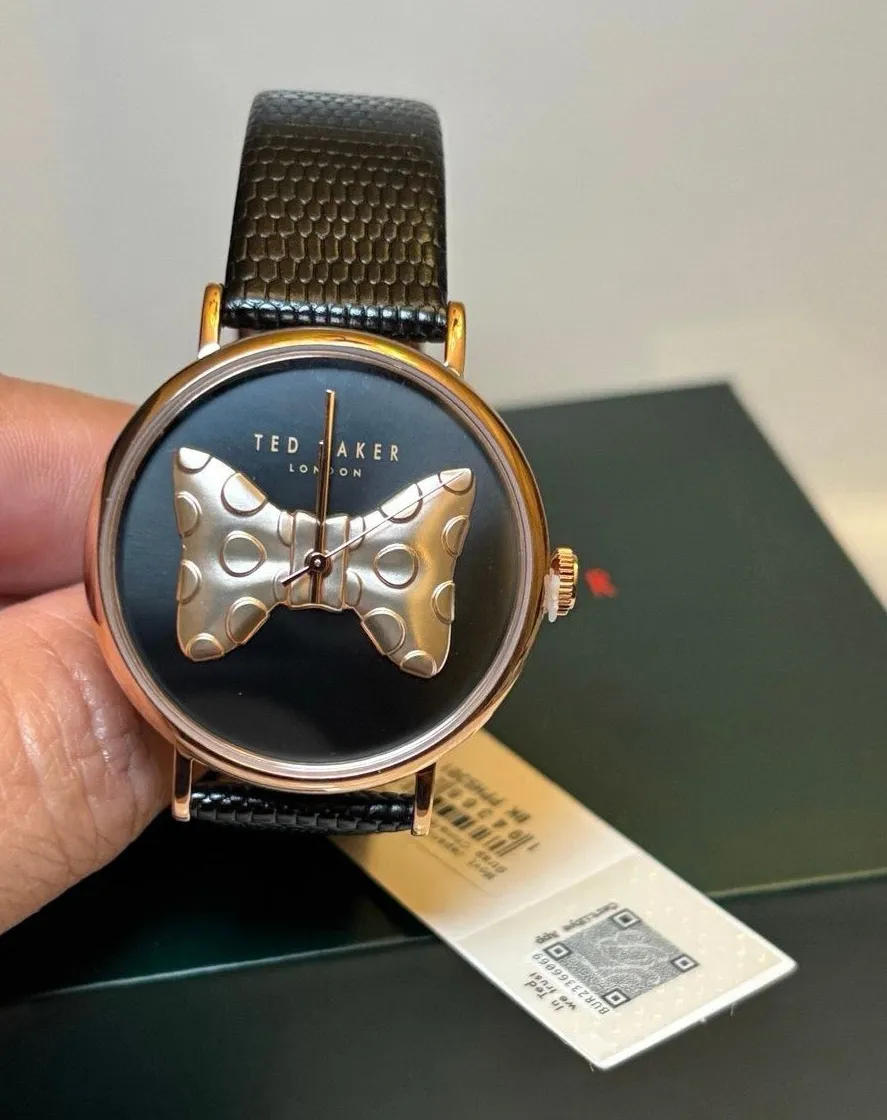 Ted Baker Phylipa Ladies Black Lizard Leather Strap Watch/Rose Gold Bow-Tie