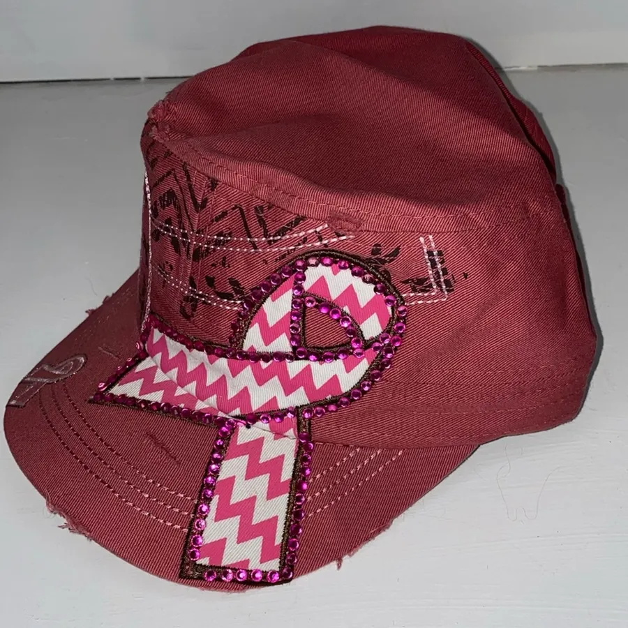 Pink Ribbon Rhinestone Trucker Cadet Hat Breast Cancer Awareness NWT