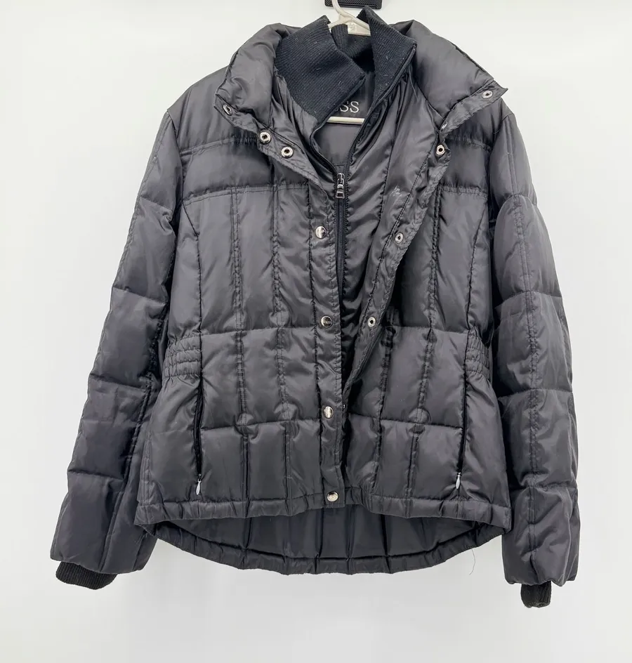 Guess Womens Black Down Feather Puffer Jacket Coat T361255 Snap Zip Front Pocket