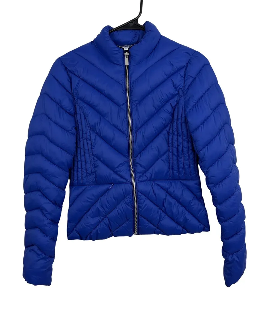 Morgan de Toi Jacket Womens 34 Blue Puffer Chevron Quilted Zip Up Mock Neck Pad Size XXS