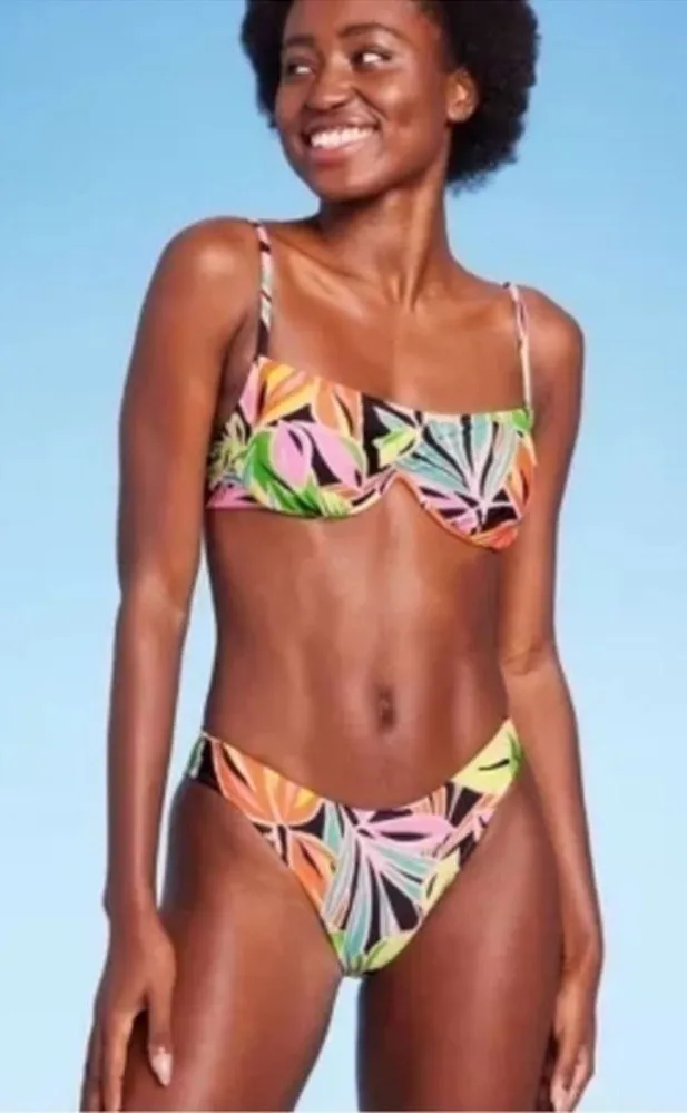 Wild Fable NWOT Neon Tropical Floral High Cut Cheeky Bikini Bottoms V Front M