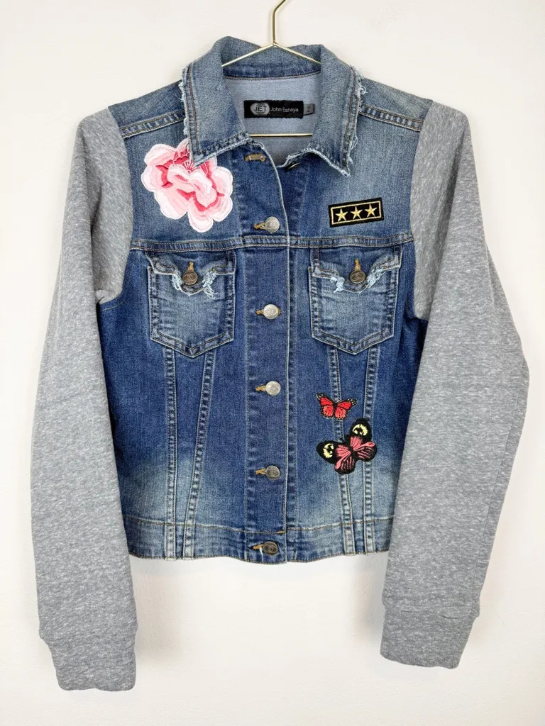 Vintage JET John Eshaya Denim Jacket Jersey Sleeves Butterfly Flower Patch Small Blue
