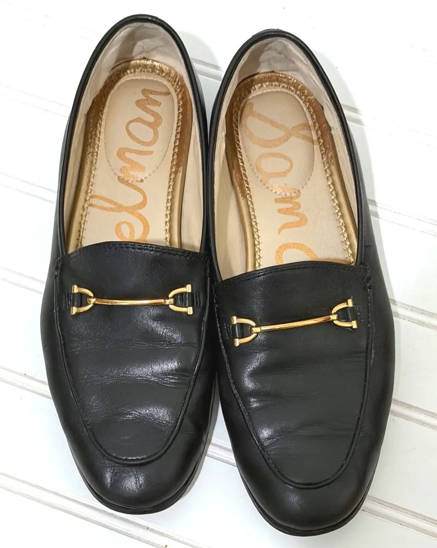 Sam Edelman Loraine Black Leather Horsebit Loafers Gold Hardware Flat Shoes