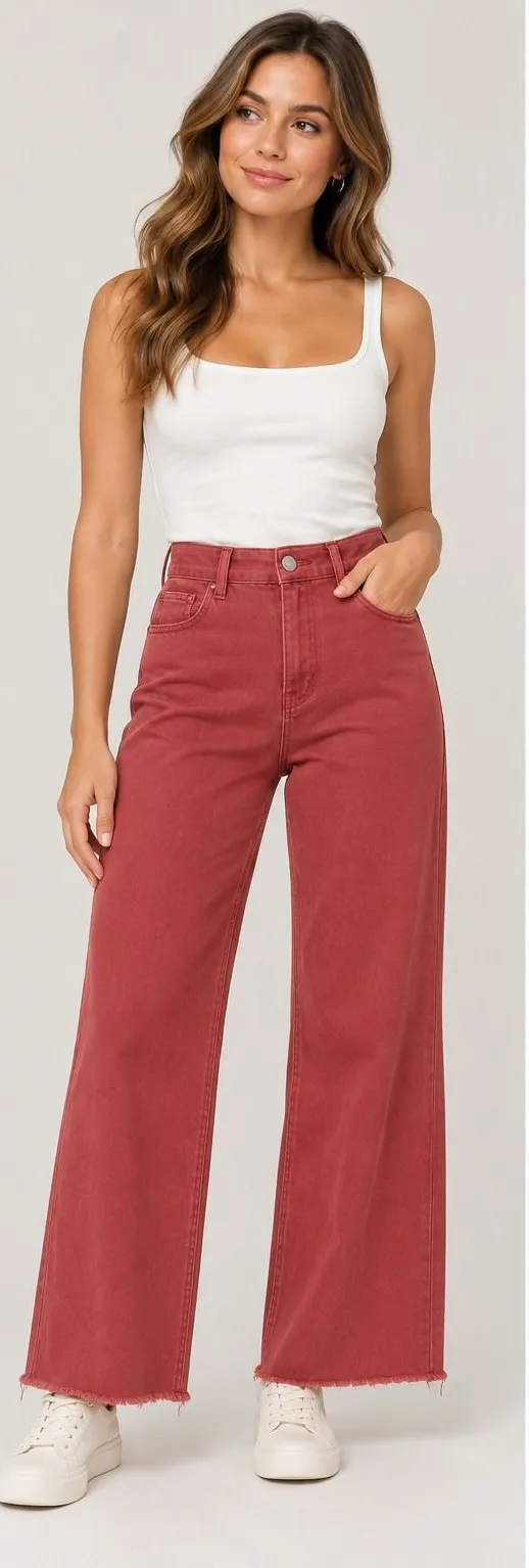 AnnieWear NWT Mineral Red Wide Leg Jeans High Rise Raw Hem AP6002 Womens Small Size 4