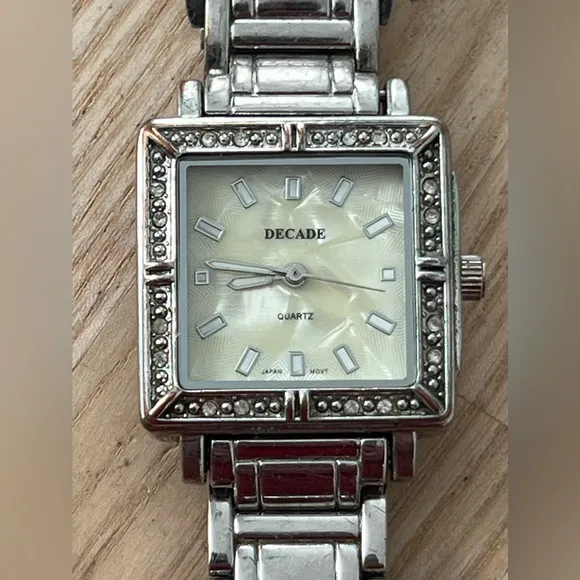 Decade Pearl and Crystal Ladies Watch Square Dial Metal Bracelet Silver