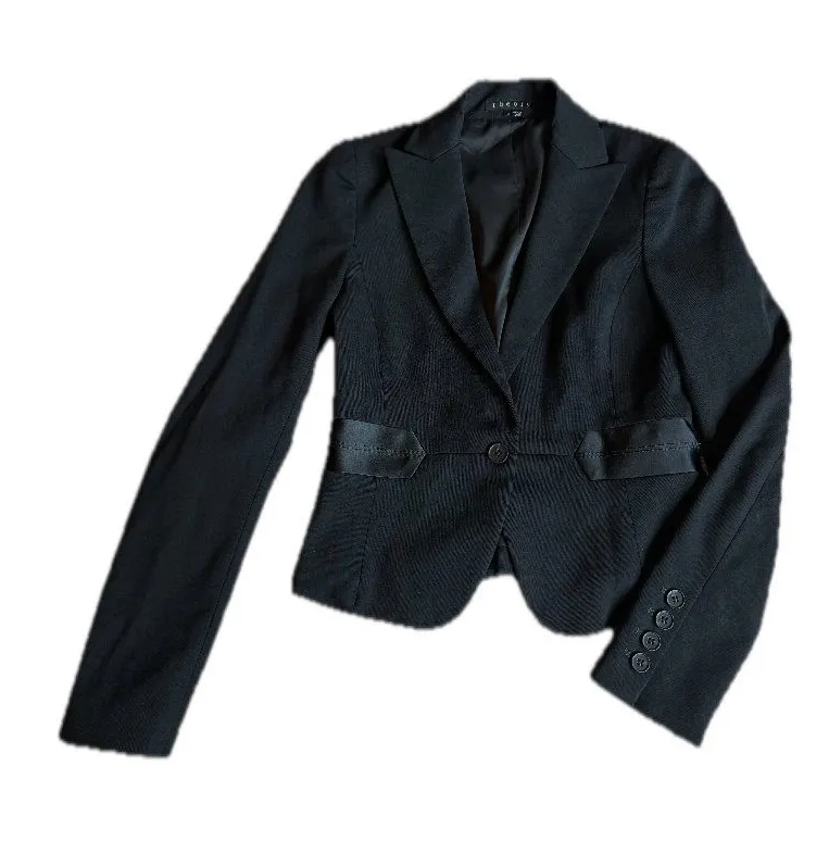 Theory Black Peaked Lapel Cropped Blazer Satin Trim Structured Size 2 Women's