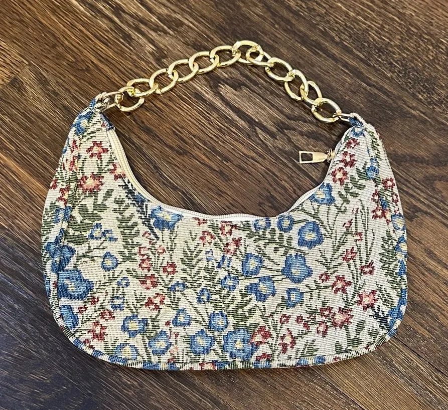 Floral Print Bag with Gold Chain Blue