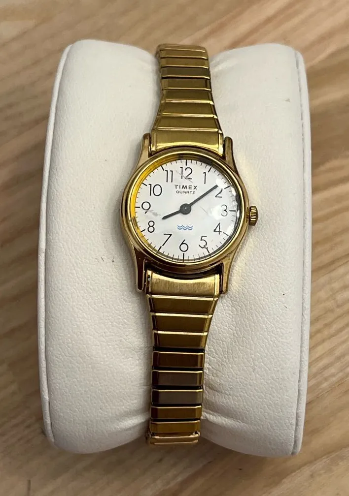 Timex Ladies Watch Vintage Yellow Gold Tone Stretch Bracelet White Dial