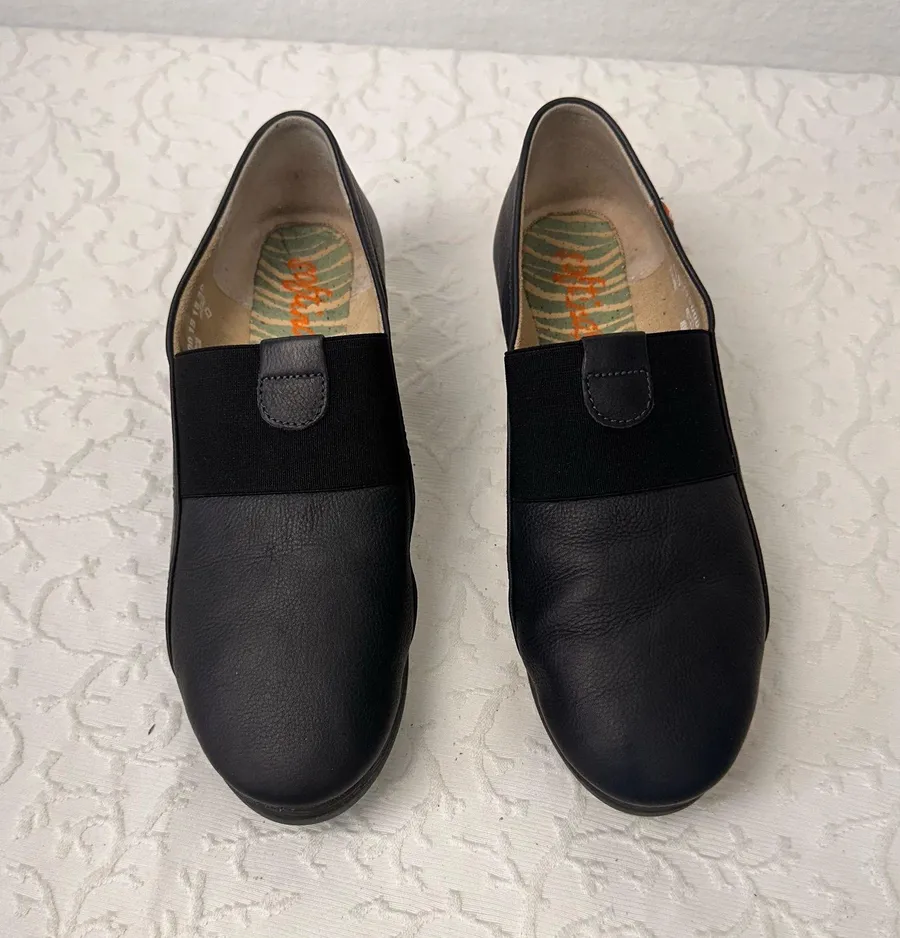 Fly London Softinos Shoes Size 8.5 Leather Mules Comfy Soft Slip On Navy Light