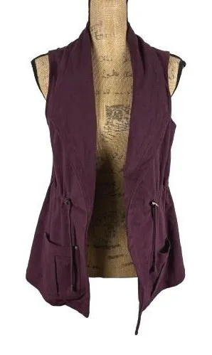 Lysse Faux Suede Vest Open Front Utility Burgundy Purple Drawstring Size Small