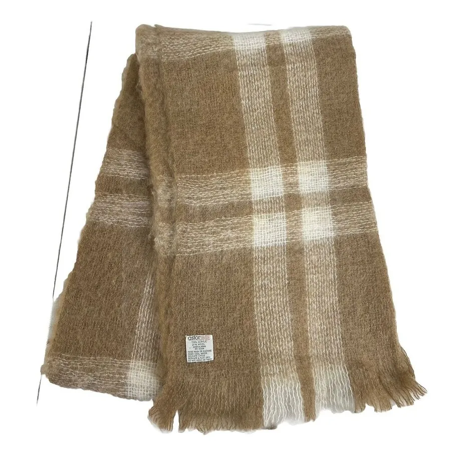Astor One Scarf Wool Blend Tan Plaid Wrap Vintage Made Japan Fringe Fuzzy Shawl Brown