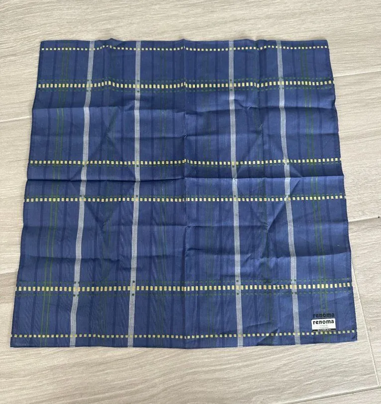 RENOMA Paris Blue Plaid 16" x 16" Cotton Scarf