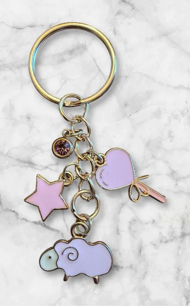 Pastel Pink & Lavender Sheep Charm Keychain with Gold Hardware