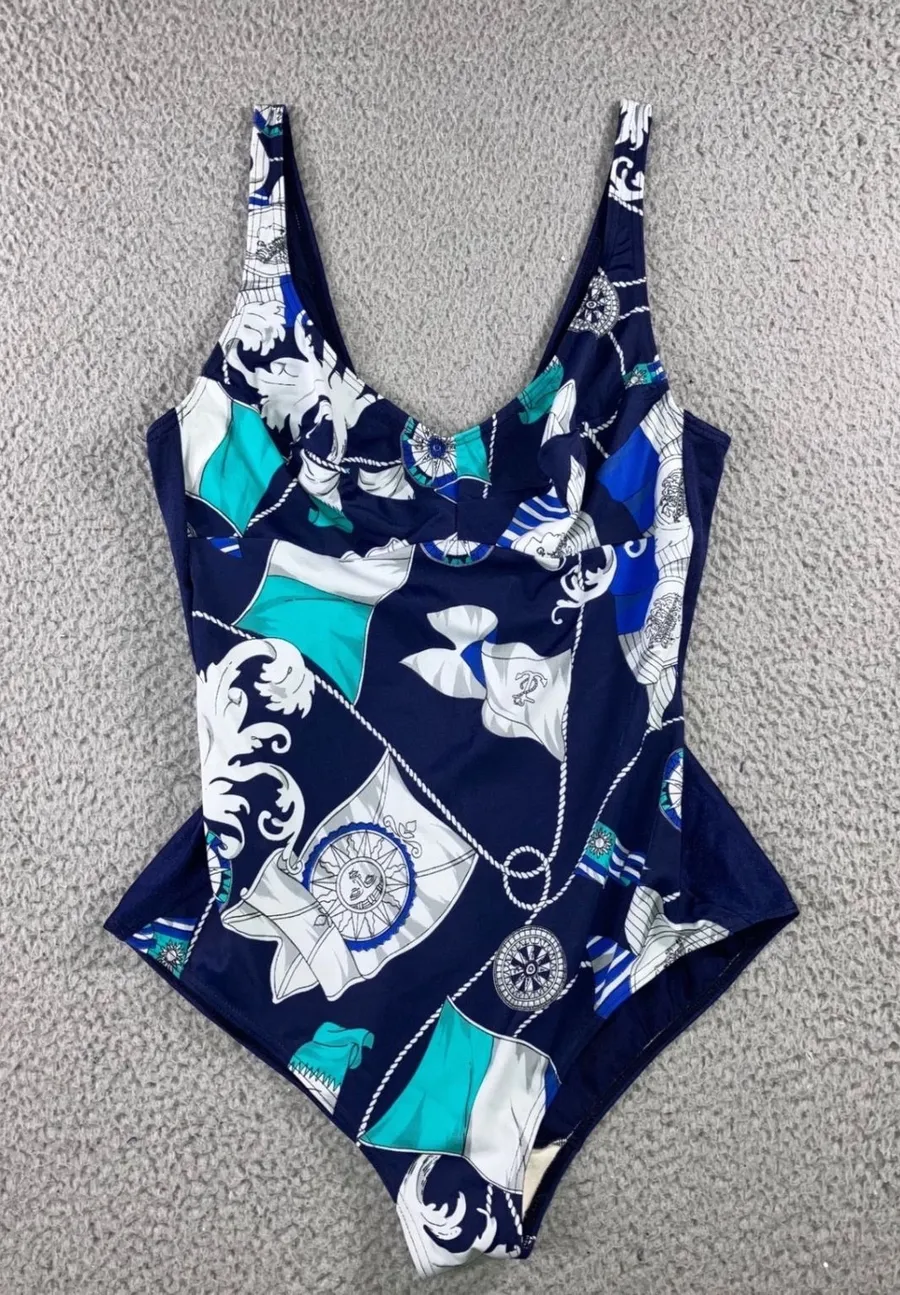 One Piece Swimsuit Women 16 Navy Blue Baroque Print Nautical Coastal Vacation