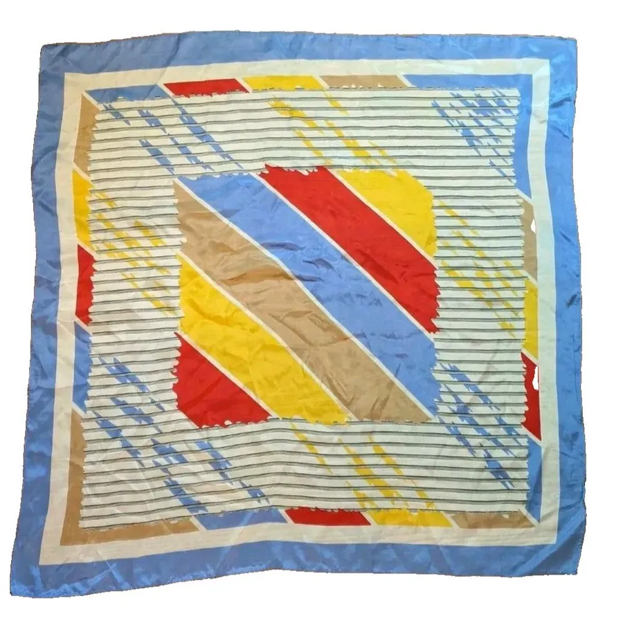 The Luxury of 100% Silk Color Block Stripes Preppy 80's Unique Chic Square Scarf Blue