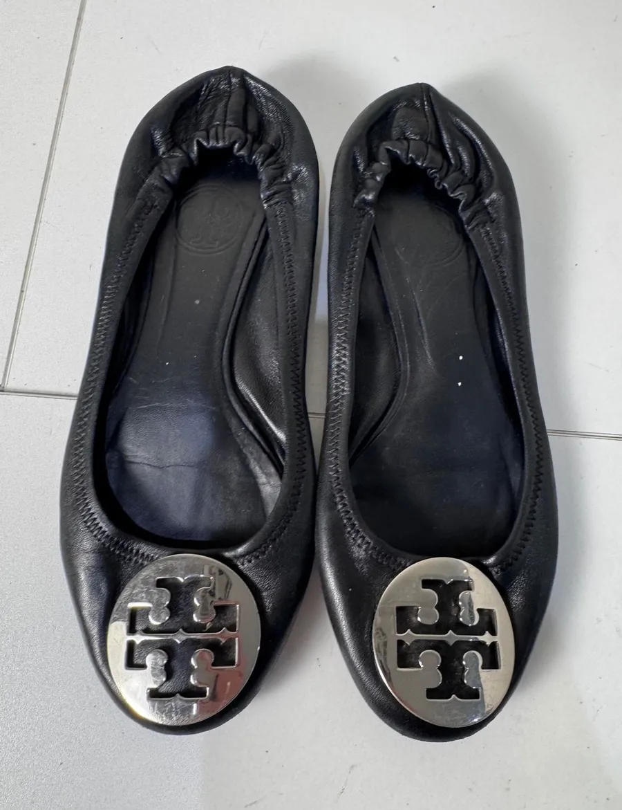 Tory Burch Minnie Travel Ballet Flats Women Size 8 Black Leather Silver Logo