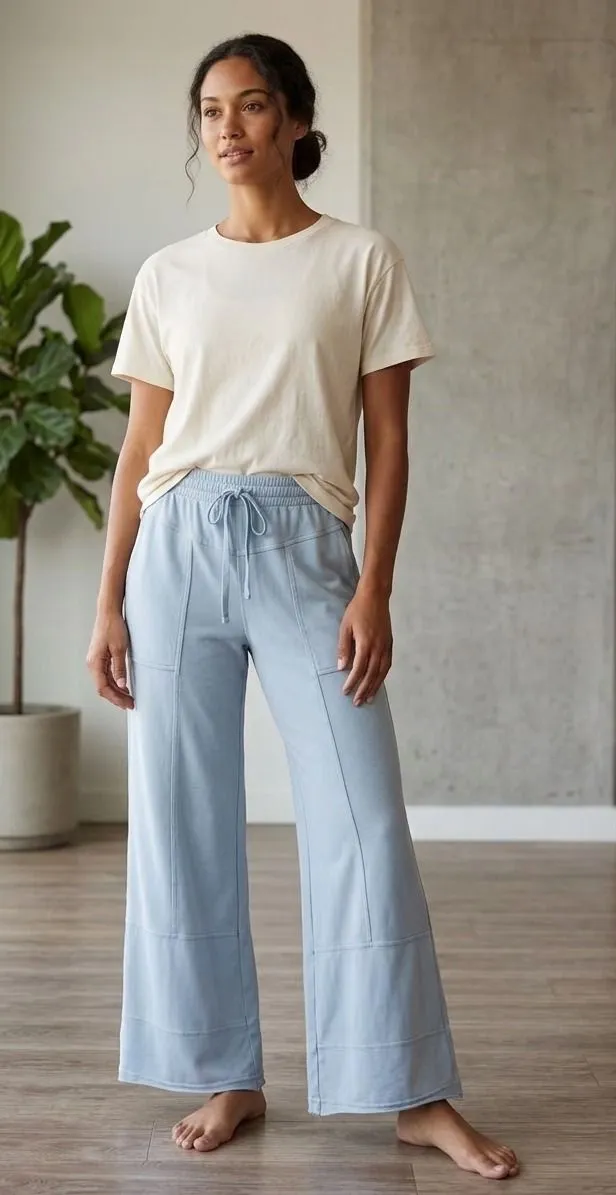 Rae Mode Women Cotton Blend Pants Siz L Light Blue Wide Leg Lounge Elastic Waist Size L