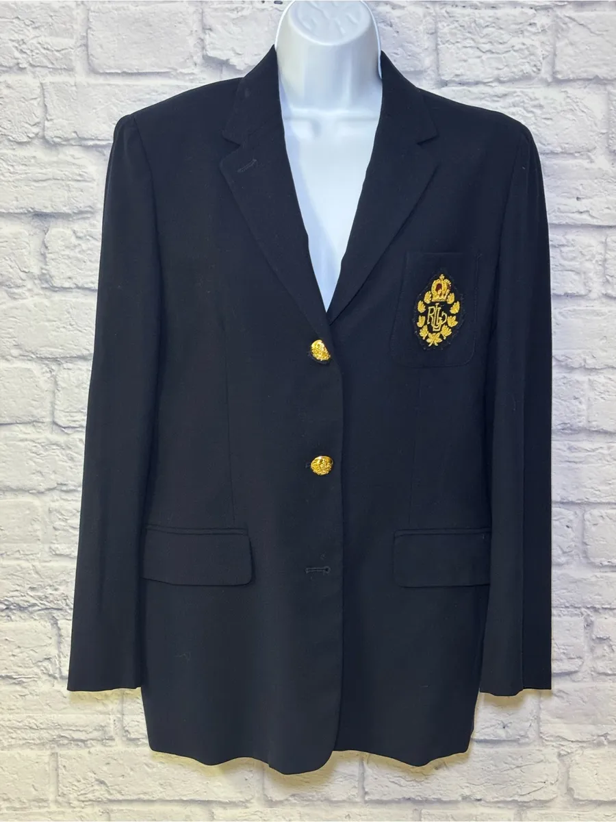 Vintage 90’s Lauren Ralph Lauren Navy 3D Crown Crest Wool Blazer Jacket Size 8