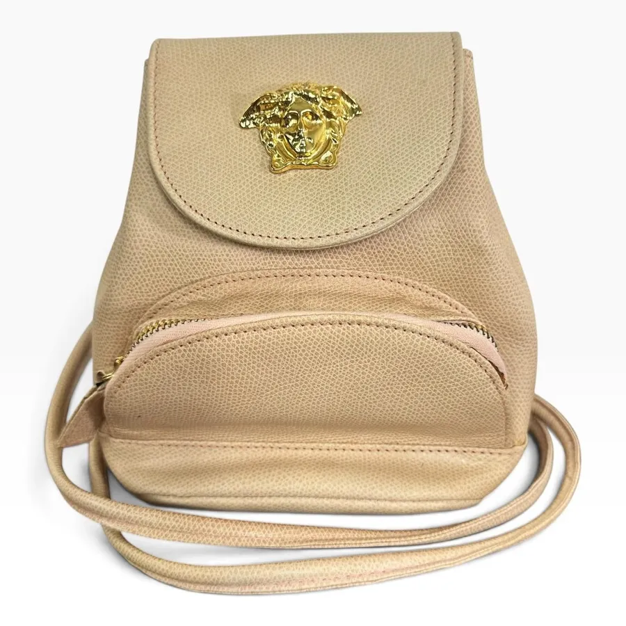 Gianni Versace Vintage Backpack Bag Womens Mini Beige Leather Italy Medusa Gold Brown