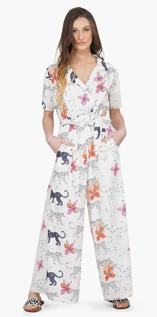 America and Beyond Jaguar Floral Silk Blend Jumpsuit Boho Resort Vacation Large White