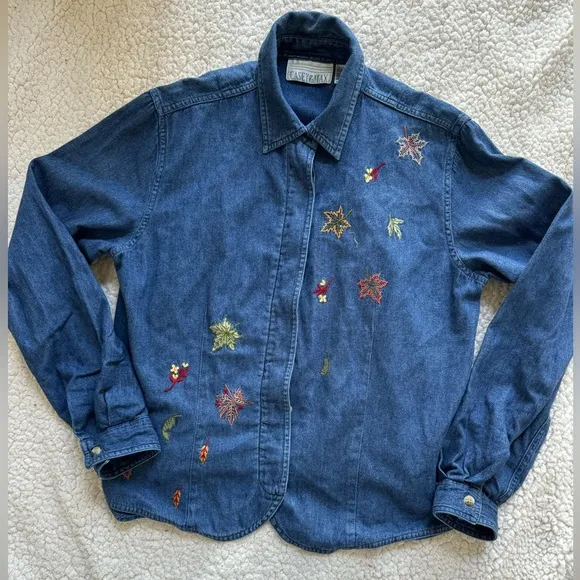 Casey & Max Vintage Embroidered Colorful Leaves Boho Denim Button Up Shacket S Blue