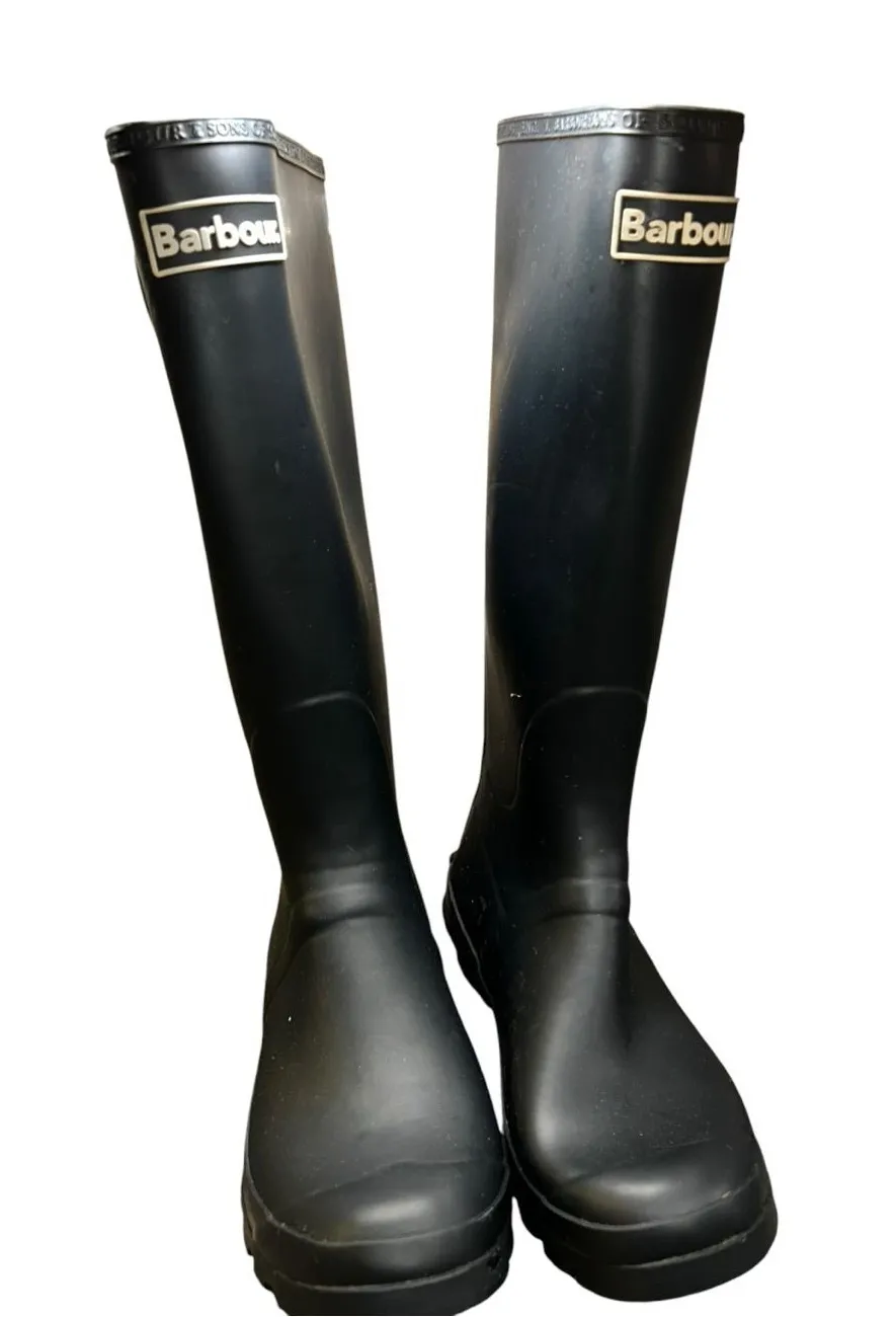 Barbour Women’s Classic Black Tall Rain Boots Plaid Lined Waterproof Size 7