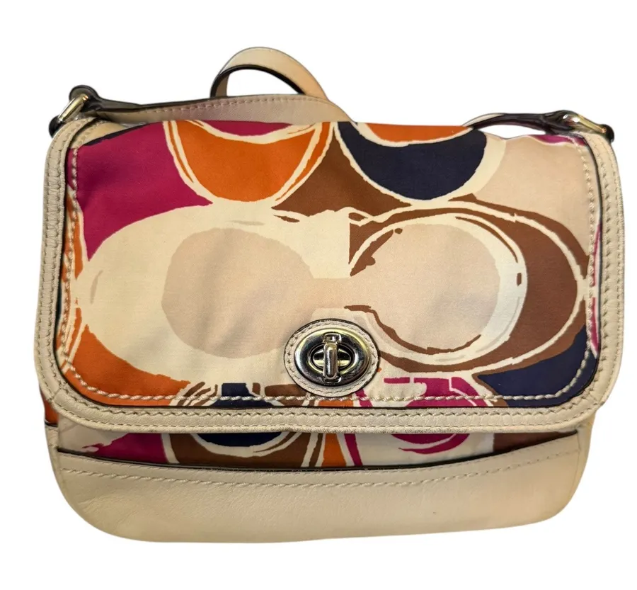 Coach Park Hand Drawn Scarf Satin Leather Twist Lock Crossbody Purse F24026