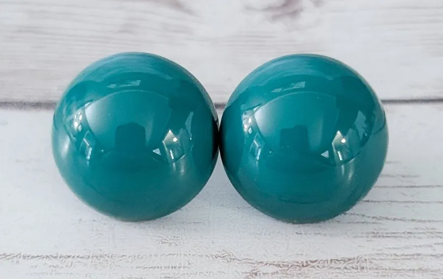 Vintage Stud Earrings Domed Circle Retro Teal 0.75" Green
