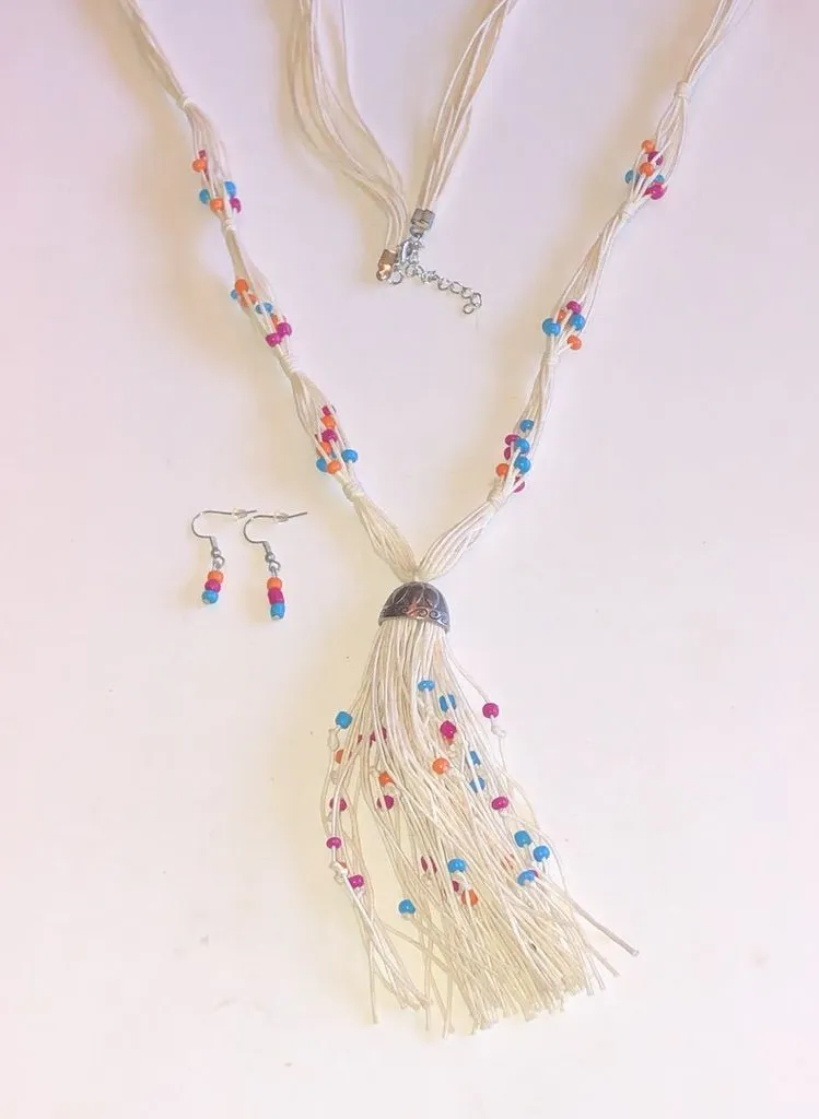 Multistrand Cream Tassel Necklace with Colorful Bead Accents Blue